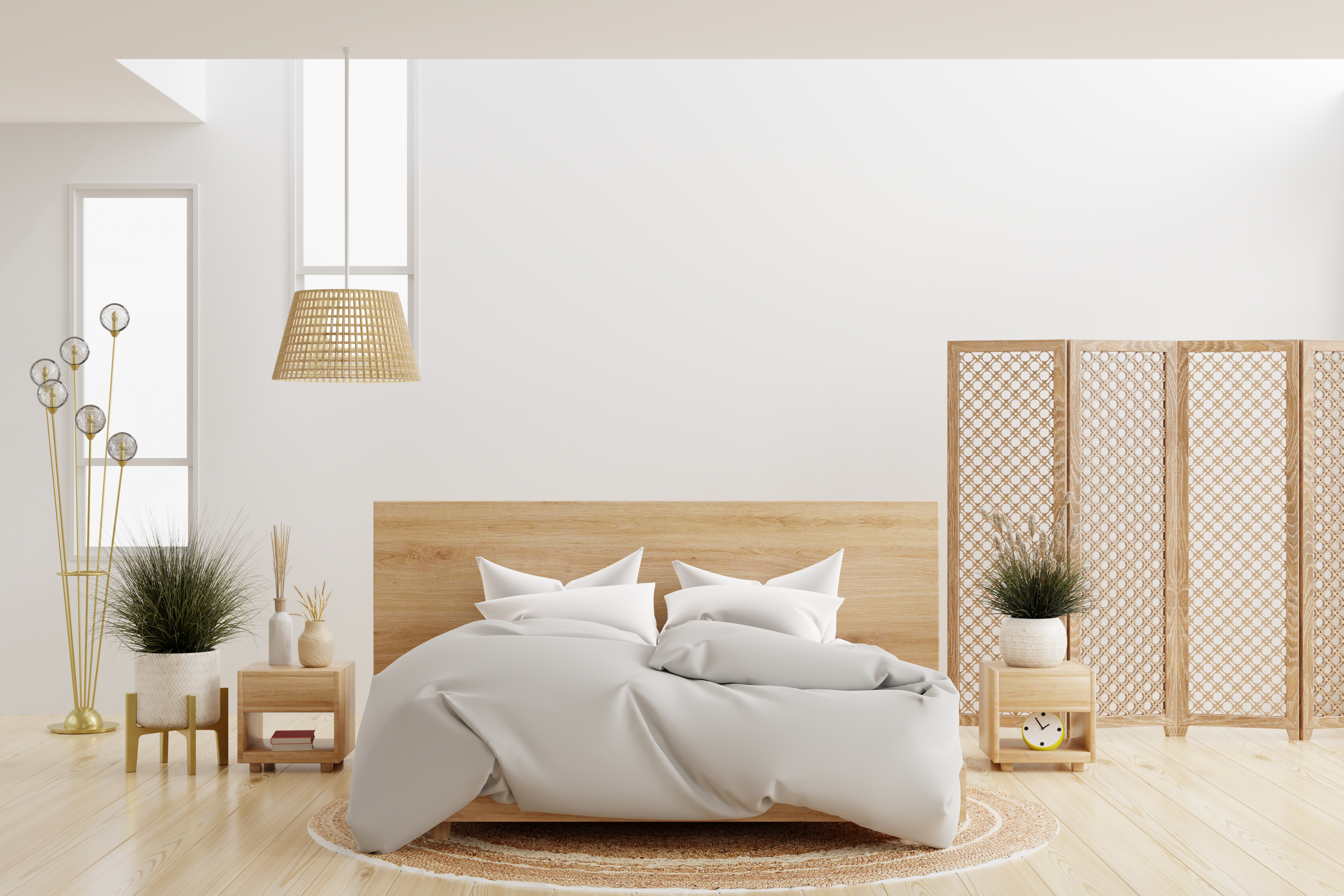 Cozy farmhouse bedroom interior,Minimalist interior of bedroom.